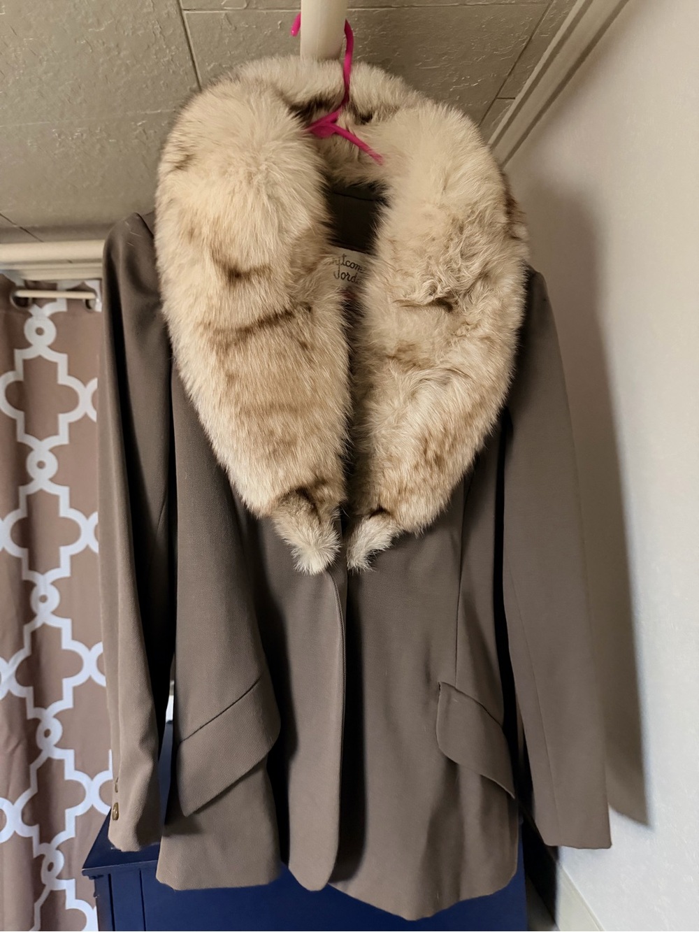 Vintage Taupe Pea Coat with Cream Fur Trim